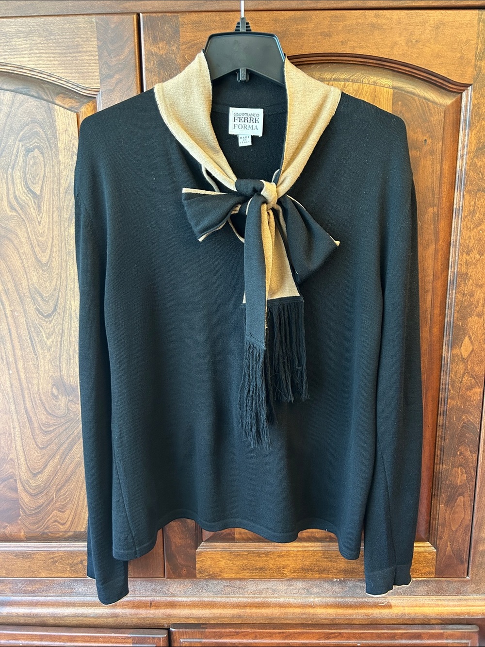 Vintage Gianfranco Ferre Black Sweater with Beige Tie-Neck Scarf